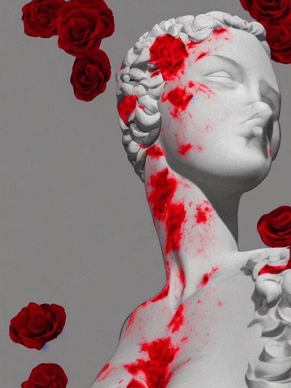 Image similar to portrait art venus of milo sculpture made of white marble, concept art, red roses exploding from her heart, volumetric lighting, hyperrealistic, focused, extreme details, masterpiece, fine details