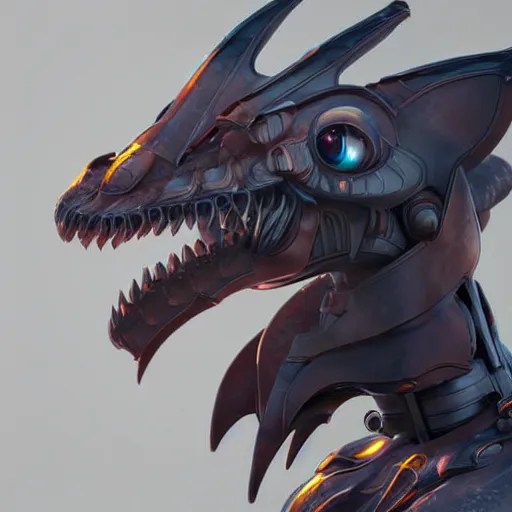 Prompt: a highly detailed close-up bust, of a beautiful cute anthropomorphic robot female dragon, with smooth and streamlined mechanical armor, standing and posing elegantly in front of the camera, well detailed head with two soft LED eyes, sharp teeth, two arms, artstation, DeviantArt, professional, octane render, sunset lighting