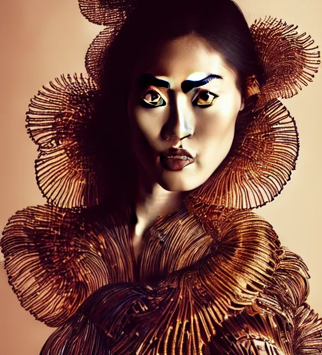 Prompt: face portrait of liu wen. great hair style, half in shadow, natural pose, natural lighing, rim lighting, wearing ornate stunning cloth created by iris van herpen, with a colorfull makeup, highly detailed, skin grain detail, photography by paolo roversi