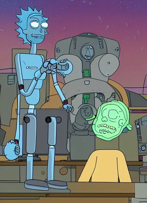 Prompt: an artificial intelligence in a robot exploding why studying how human hands look, rick and morty art style illustration, justin roiland, dan harmon, location is a science fiction planet