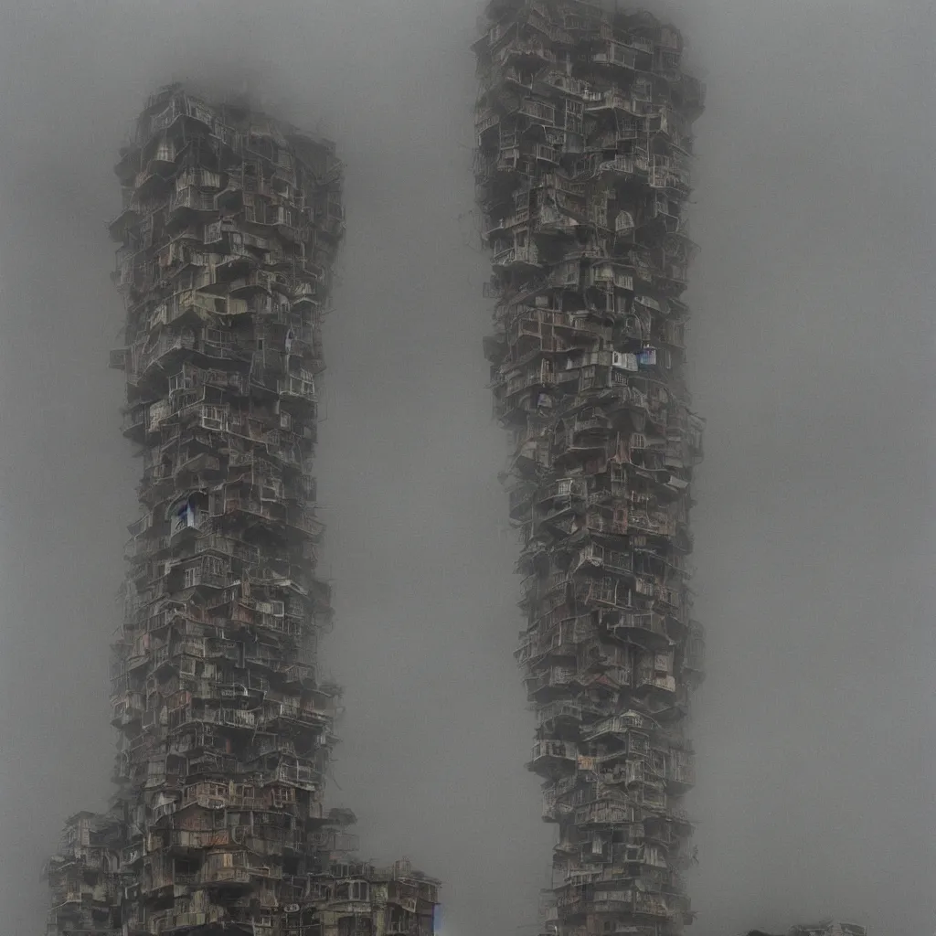Prompt: close - up view of a tower made up of makeshift squatter shacks with faded colours, moody cloudy sky, uneven fog, dystopia, mamiya, fully frontal view, very detailed, photographed by andreas gursky
