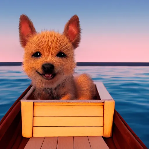 Image similar to a close - up image of a baby dog on a small wooden boat in the sea near a small island at sunrise, ghibli studio, pixar and disney style, concept art, octane render, unreal engine 5, trending on artstation, high quality, highly detailed, colorful, anatomically correct, anime style, beautiful, path traced, cute