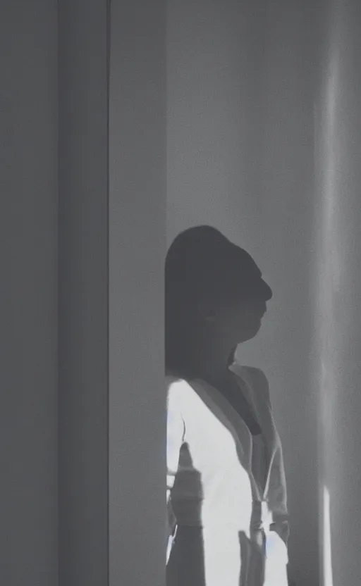 Prompt: a beautiful photograph of a woman standing in a dark room next to a window on a sunny day, dramatic composition