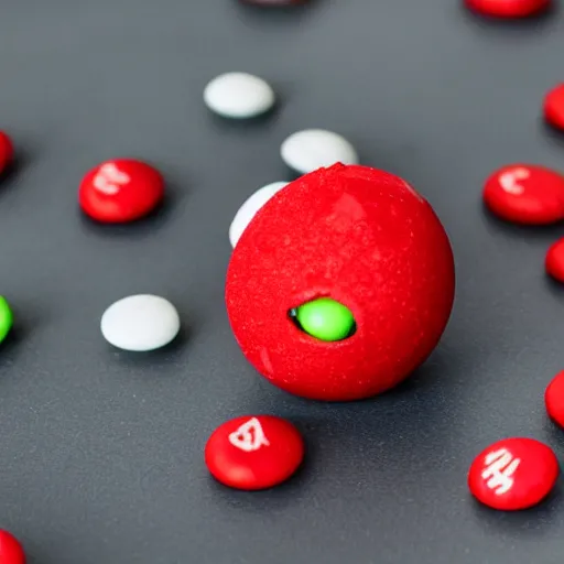 Image similar to a single red m & m candy with white arms and legs, a red sphere