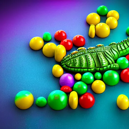 Prompt: a crocodile made entirely out of gumdrops, candyland background, cinematic lighting, product photography, 3 d render