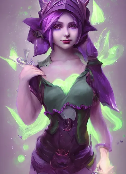 Image similar to lulu short fairy witch with green eyes, from league of legends, purple skin, au naturel, hyper detailed, digital art, trending in artstation, cinematic lighting, studio quality, smooth render, fluorescent skin, unreal engine 5 rendered, octane rendered, art style by klimt and nixeu and ian sprigger and wlop and krenz cushart