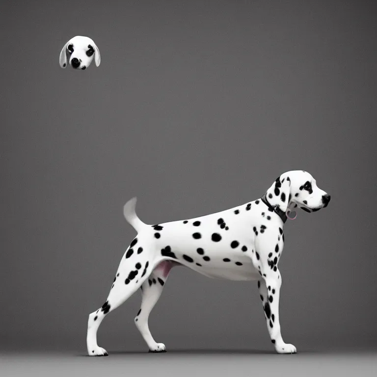 Image similar to vogue photoshoot octane render of dalmatian dog with white background, focus bright, very short depth of field, bokeh