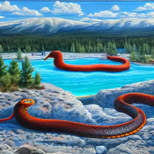Image similar to oversized snake in a hotspring at yellowstone national park, highly detailed oil painting, featured on artstation