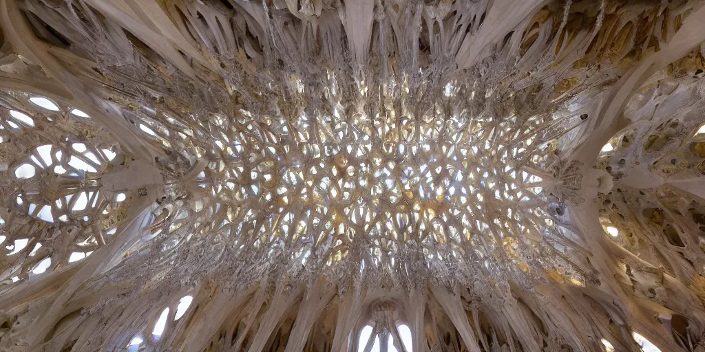 Image similar to sculpted Sagrada Familia ceiling by Antoni Gaudi, symmetrical