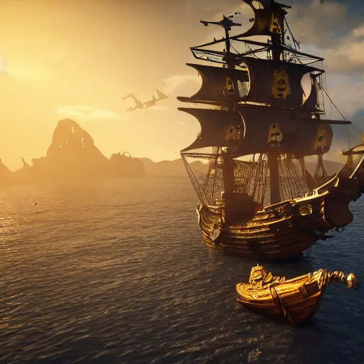 Image similar to ghost pirate ship with a pirate on the foreground, highly detailed, photorealistic portrait, bright studio setting, studio lighting, crisp quality and light reflections, unreal engine 5 quality render