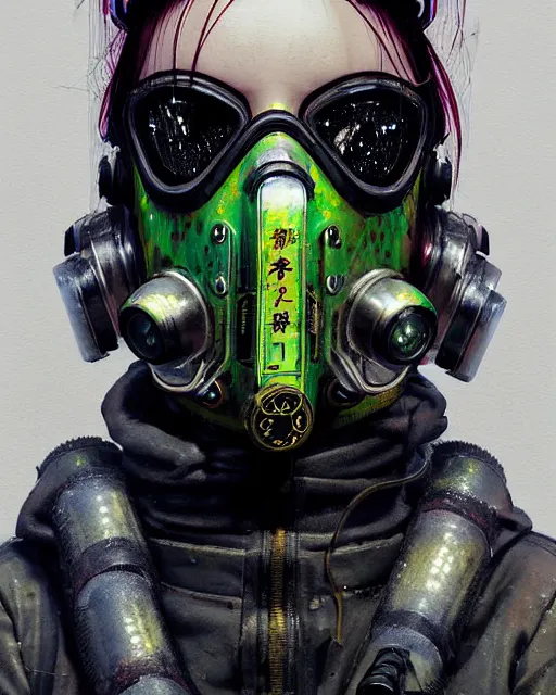 Image similar to detailed portrait neon female swat officer, cyberpunk futuristic, neon, gas mask, reflective puffy coat, decorated with traditional japanese by ismail inceoglu dragan bibin hans thoma greg rutkowski alexandros pyromallis nekro rene margitte, fire & smoke, illustrated, perfect face, fine details, realistic shaded, fine - face, pretty face