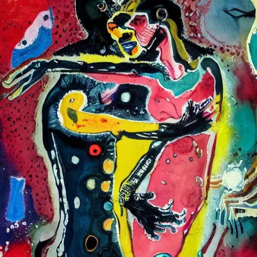 Prompt: watercolor painting of two bizarre psychedelic goth women hugging each other closeup in a space station in japan, speculative evolution, mixed media collage by basquiat and jackson pollock, maximalist magazine collage art, sapphic art, lesbian art, chemically damaged