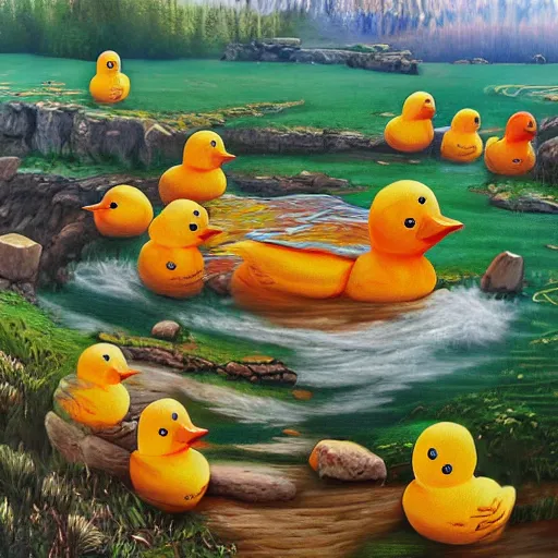 Image similar to a fantasy world of rubber ducks, landscape painting, highly detailed