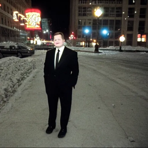 Prompt: 1 9 9 8 andy richter wearing a black suit and necktie standing on the streets of chicago at night in winter.