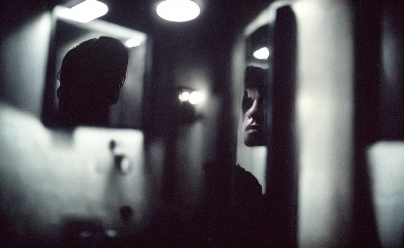 Image similar to cinestill 5 0 d candid photographic portrait by stanley kubrick of a feminine man wearing rugged black techwear and makeup looking in the bathroom mirror, cramped new york apartment, medium closeup, retrofuturism cyberpunk moody emotional cinematic, light and shadows, 8 k, hd, high resolution, 3 5 mm, f / 3 2, ultra realistic faces