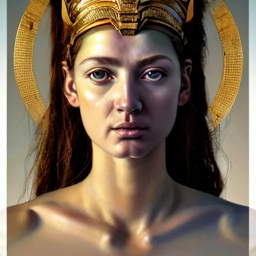 Image similar to hyperrealistic mixed media painting of beautiful goddess Athena, stunning 3d render inspired art by P. Craig Russell and Barry Windsor-Smith, perfect facial symmetry, dim volumetric lighting, 8k octane beautifully detailed render, post-processing, portrait, extremely hyper-detailed, intricate, epic composition, brown eyes, cinematic lighting, masterpiece, trending on artstation, very very detailed, masterpiece, stunning