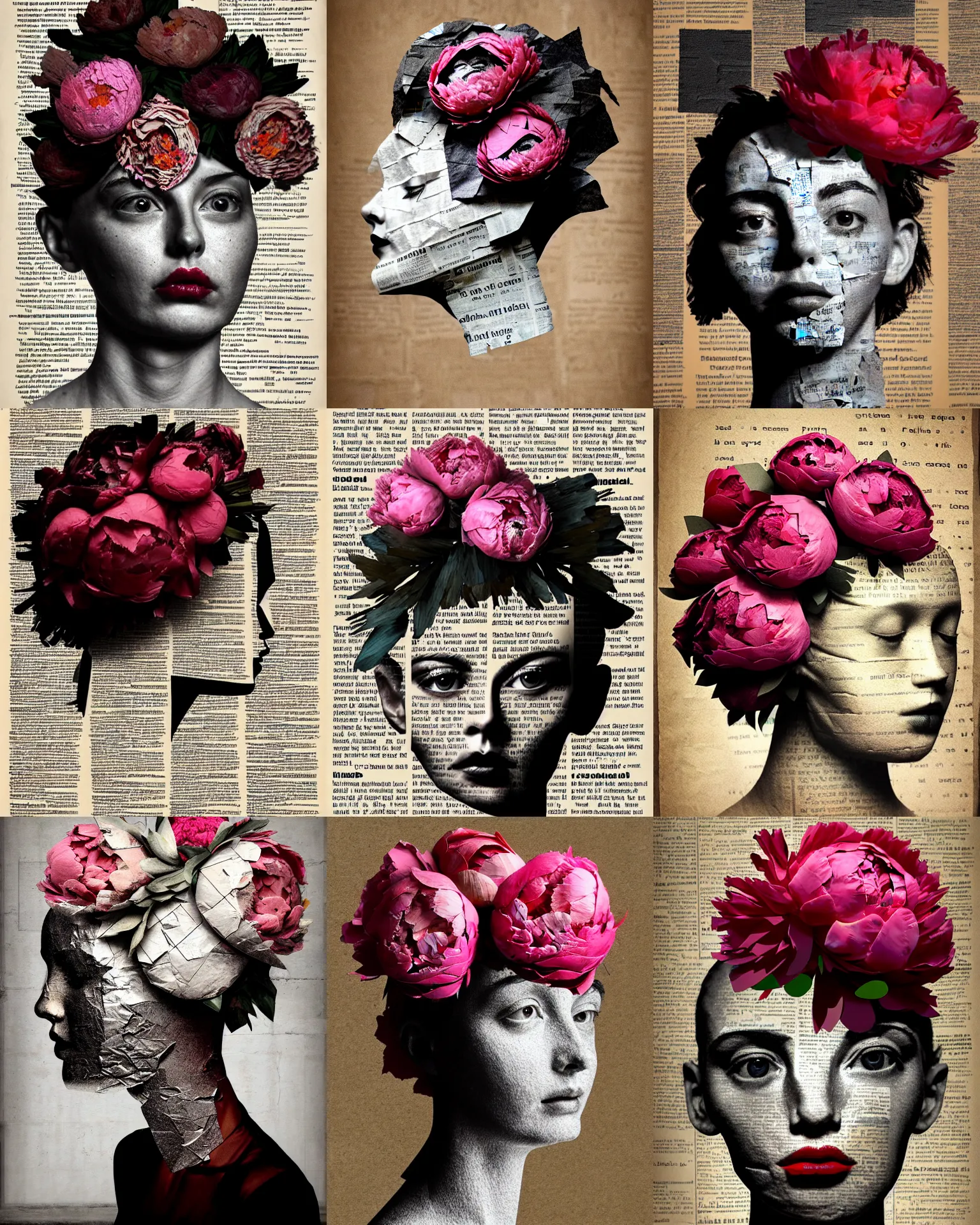 Prompt: a female head made of hot gritty steel, rendered in blender peonies on her head, crumpled newspaper as a texture, collage paper and tape, slit - scan photography, hyperrealism mixed with expressionism, high resolution, cinematic, unreal 6, breathtaking detailed