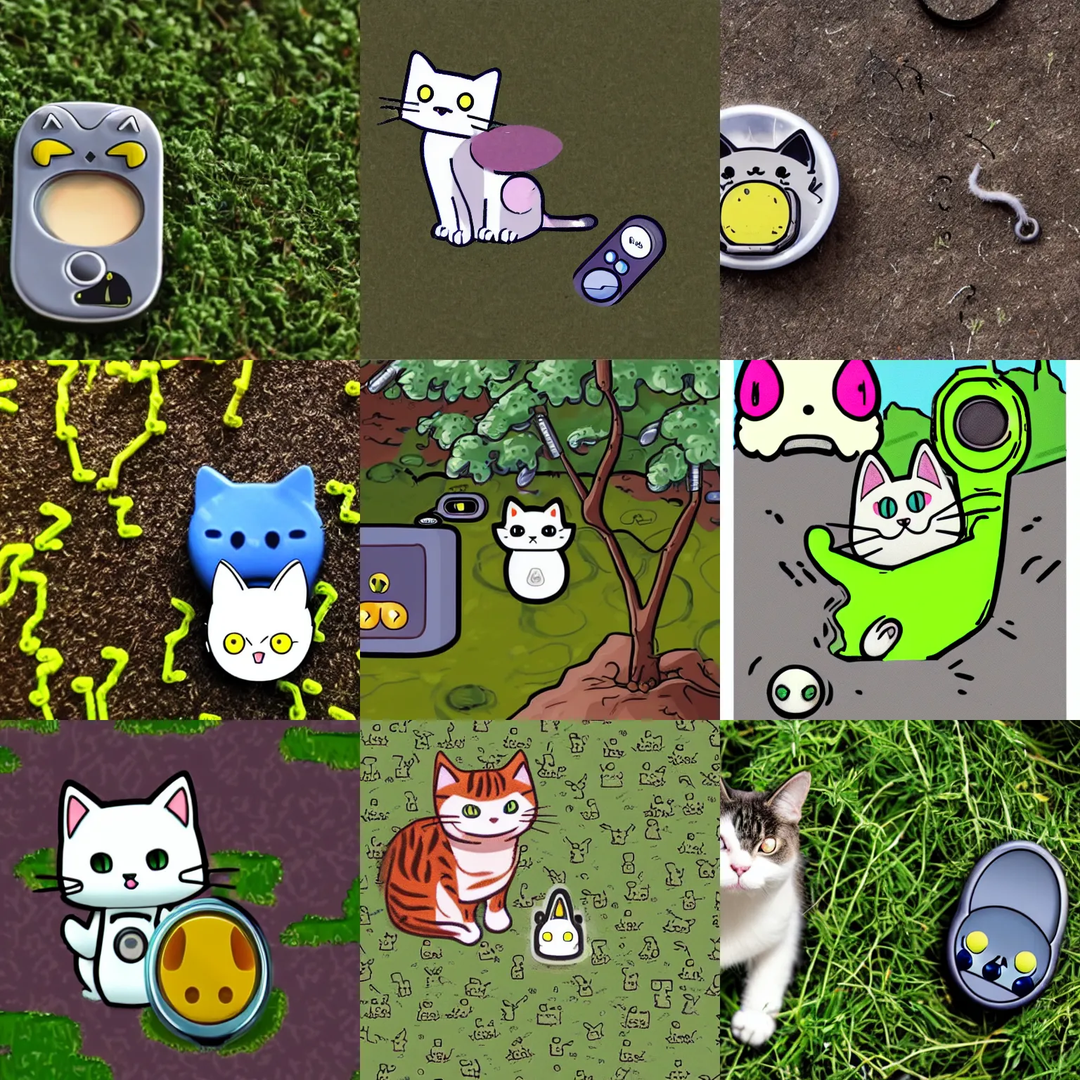 Prompt: a cat with an old Tamagotchi for a head in the middle of an apocalyptic wasteland overgrown by shrubbery