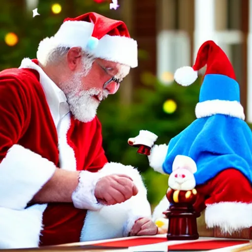 Prompt: santa playing chess with the easter bunny