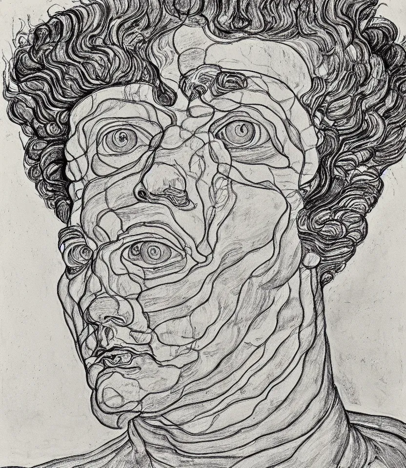 Prompt: detailed line art portrait of william blake, inspired by egon schiele. caricatural, minimalist, bold contour lines, musicality, soft twirls curls and curves, confident personality, raw emotion