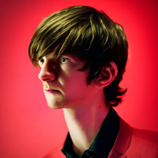 Image similar to madeon looking longingly to the left, harsh red lighting, studio photograph, award winning