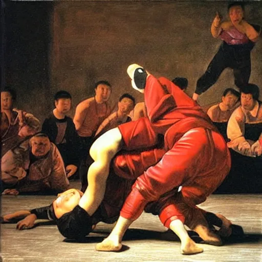 Prompt: shuai jiao chinese wrestling class in the style of caravaggio, dramatic lighting, emotional battles