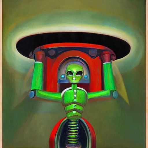 Prompt: alien robot shaman, dystopian, pj crook, edward hopper, oil on canvas