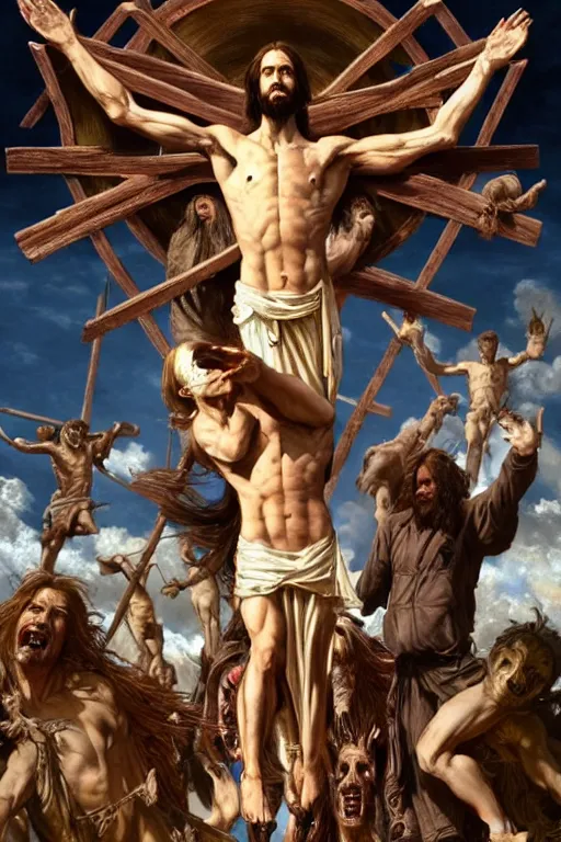 Image similar to realistic photo of the apocalypse, in the center of the image christ crucified and dismembered by demons, in the heavens horsemen of the apocalypse wreak havoc, deep focus, intricate, elegant, highly detailed, digital painting, art station, concept art, matte, sharp focus, illustration, art by artgerm and greg rutkowski and alphonse mucha