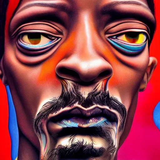 Image similar to colour masterpiece surreal closeup portrait photography of snoop dogg by miho hirano and annie leibovitz and michael cheval, psychedelic smoke background by kilian eng and roger dean and salvador dali and beksinski, 8 k