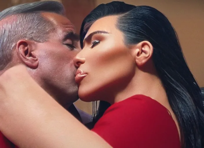 Image similar to film still of kim kardashian being kissed to sleep by joe biden, 8 k