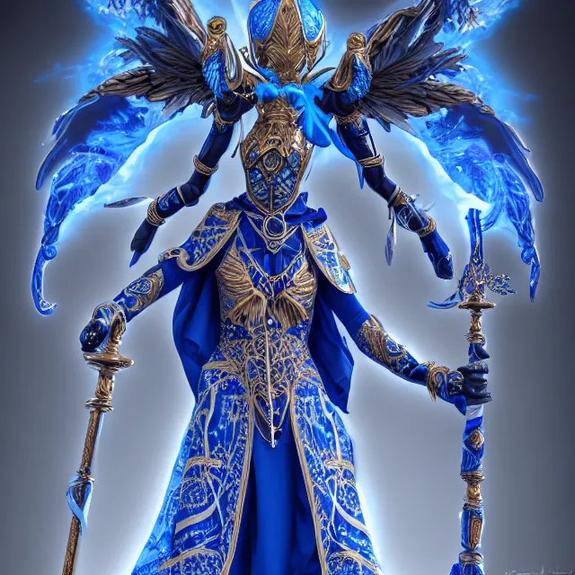 Image similar to elemental sky witch in ornate blue and white robes and staff, highly detailed, 8 k, hdr,, clayton crain