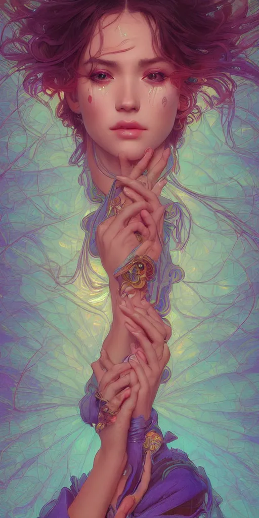 Image similar to beautiful, young woman, sad eyes, tears running down, vaporwave aesthetic, synthwave, colorful, psychedelic, long gown, ornate, intricate, digital painting, artstation, concept art, smooth, sharp focus, illustration, art by artgerm and greg rutkowski and alphonse mucha