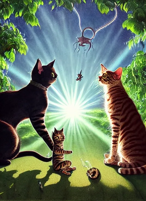 Image similar to a hyper realistic cat meeting an alien. and sunbeams blue sky, lush forest foliage painting by chiara bautista and norman rockwell and greg rutkowski weta studio, and lucasfilm