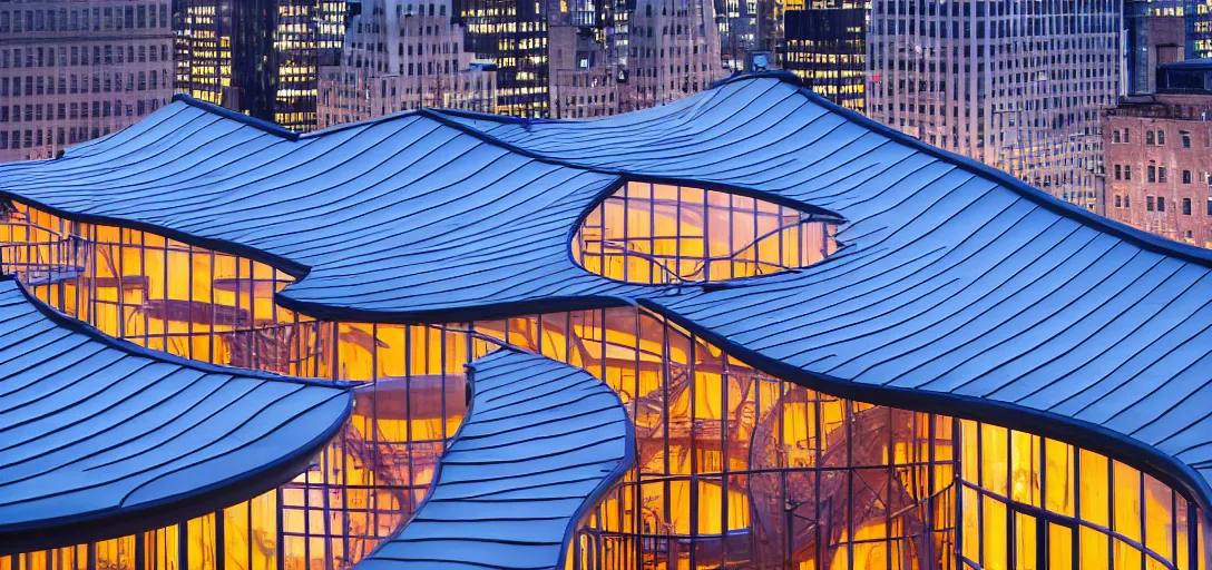 Prompt: curved roof planes lift and descend creating shade and architectural expression, on a rooftop in manhattan, highly detailed, vivid color, high resolution photography, mist, dusk