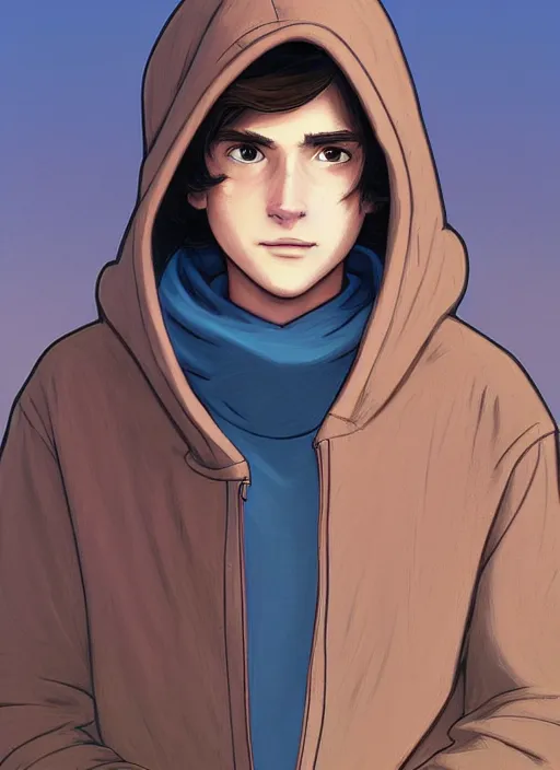 Image similar to teen boy with brown hair and big blue eyes, wearing a hoodie, sad, hiding under hood of hoodie, natural lighting, path traced, highly detailed, high quality, cartoon, digital painting, by don bluth and ross tran and studio ghibli and alphonse mucha