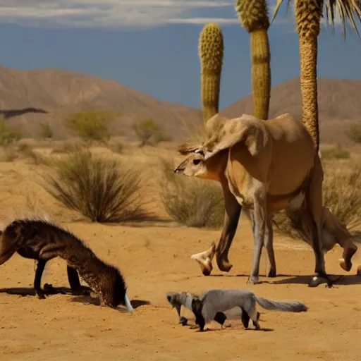 Prompt: animals drinking at a desert oasis