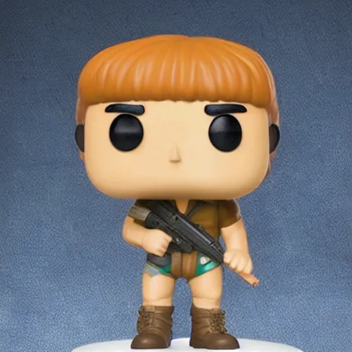 Prompt: a Funko Pop collectible of Rambo. headband. holding in one hand automatic rifle. no text