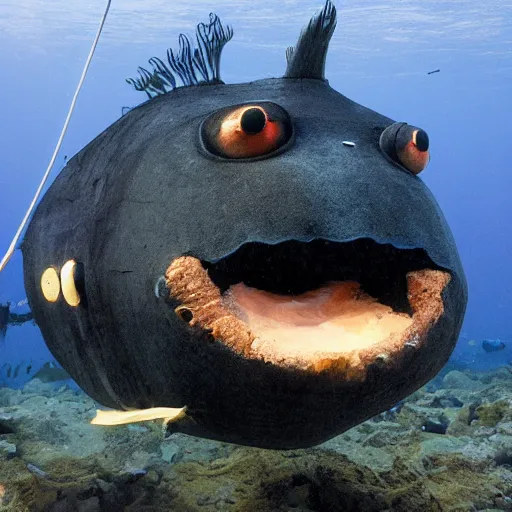 Image similar to a giant anglerfish with a black eye sideways