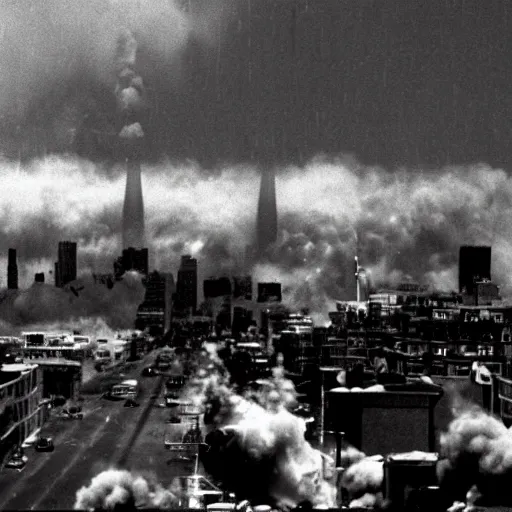 Image similar to nuclear bomb destroying san francisco, movie still, moody