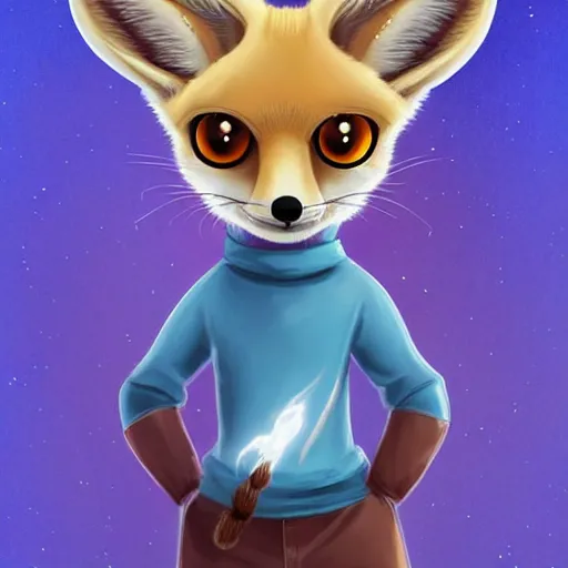 Prompt: furry art of a small fennec fox character with long braided blond hair and holding fireballs in his hands and wearing a blue sweatshirt, digital painting, detailed, cute, big bright blue iris eyes, high resolution, trending on furaffinity