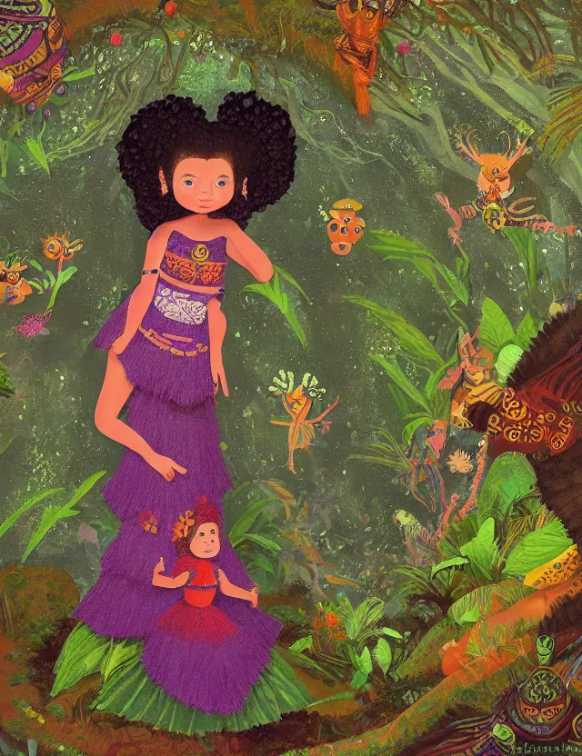 Image similar to plump aztec scifi princess of the lichen rainforest, wearing a lovely dress. this oil painting by the award - winning children's book author has an interesting color scheme, plenty of details and impeccable lighting.