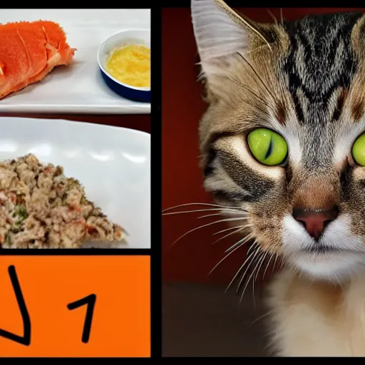 Image similar to Cat mukbang, crunching, chewing, licking, savory fish, delicious tuna