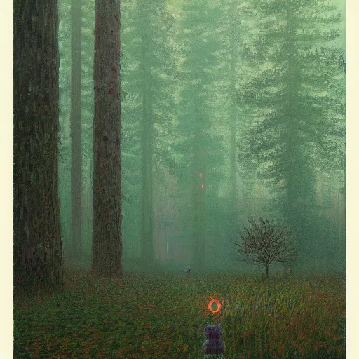 Image similar to A quiet forest by Simon Stålenhag and Claude Monet