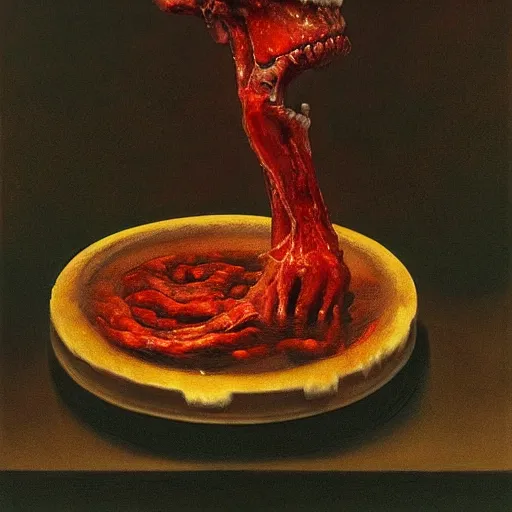 Image similar to meat jelly aspic on bone plate, incenerate painting by david cronenberg, beksinski, bernie wrightson, trending on artstation, horror film, creepypasta