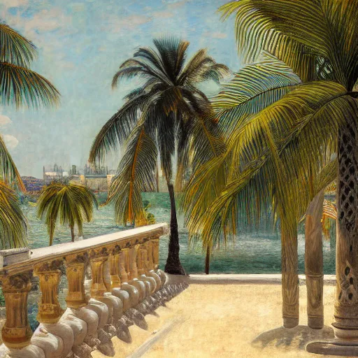 Image similar to a ultradetailed beautiful painting of the amazonas palace balustrade designed by jules bastien - lepage, tarsila do amaral, frank weston and gustave baumann, beach, trending on artstation, mediterranean, palm trees, detailed face, sharp focus, soft light, 8 k 4 k