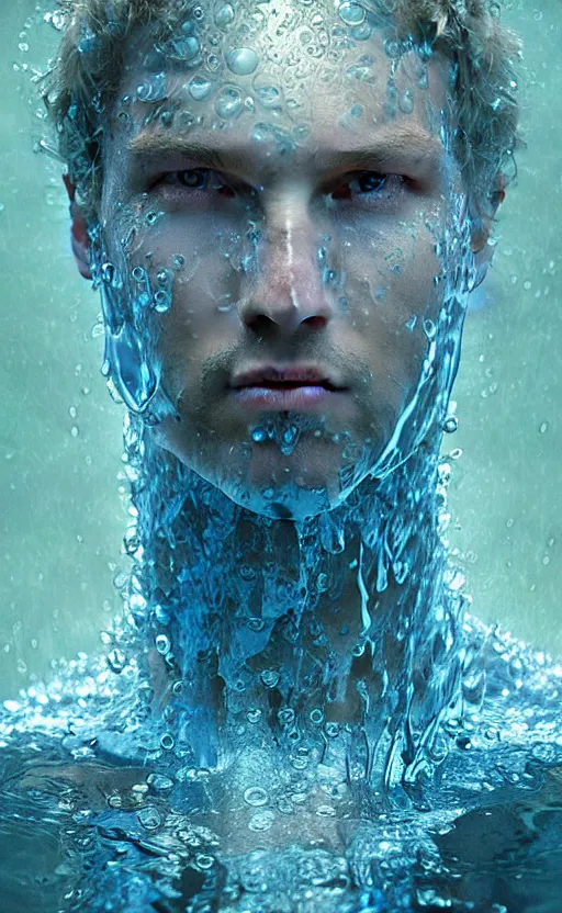 Image similar to portrait of a water man, a humanoid creature made of pure water with tiny water plants on him, concept art, deep focus, fantasy, intricate, highly detailed, digital painting, artstation, matte, sharp focus, illustration, art by artgerm and greg rutkowski and alphonse mucha