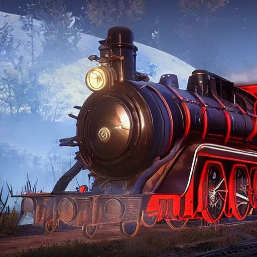 Image similar to futuristic sleek steam locomotive in red dead redemption 2