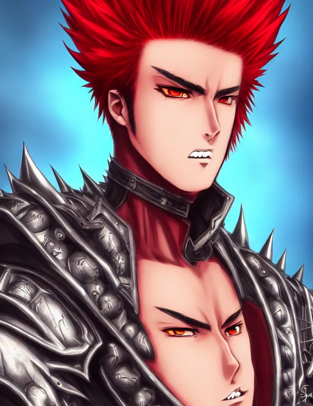 Image similar to a detailed manga portrait of a handsome tall man with spiked crimson hair in fiery crimson crystalline armour, trending on artstation, digital art, 4 k resolution, detailed, high quality, sharp focus, hq artwork, coherent, insane detail, character portrait