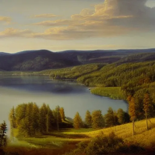 Prompt: Hyper realistic oil painting of a Swedish lake during summer time with hills and forest in the distant