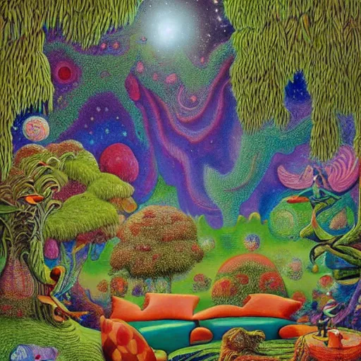 Image similar to psychedelic couch sofa in the lush forest, milky way, designed by moebius, rob gonsalves, gustav dore, giuseppe arcimboldo and carl barks, louis wain, trending on artstation, mediterranean, star, sharp focus, colorful refracted sparkles and lines, soft light, 8 k 4 k